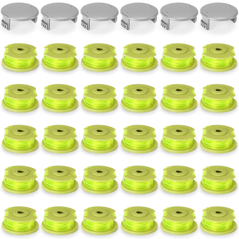 Hiboom front packaging showing 30 trimmer lines and 6 cap covers, ready for long-term use