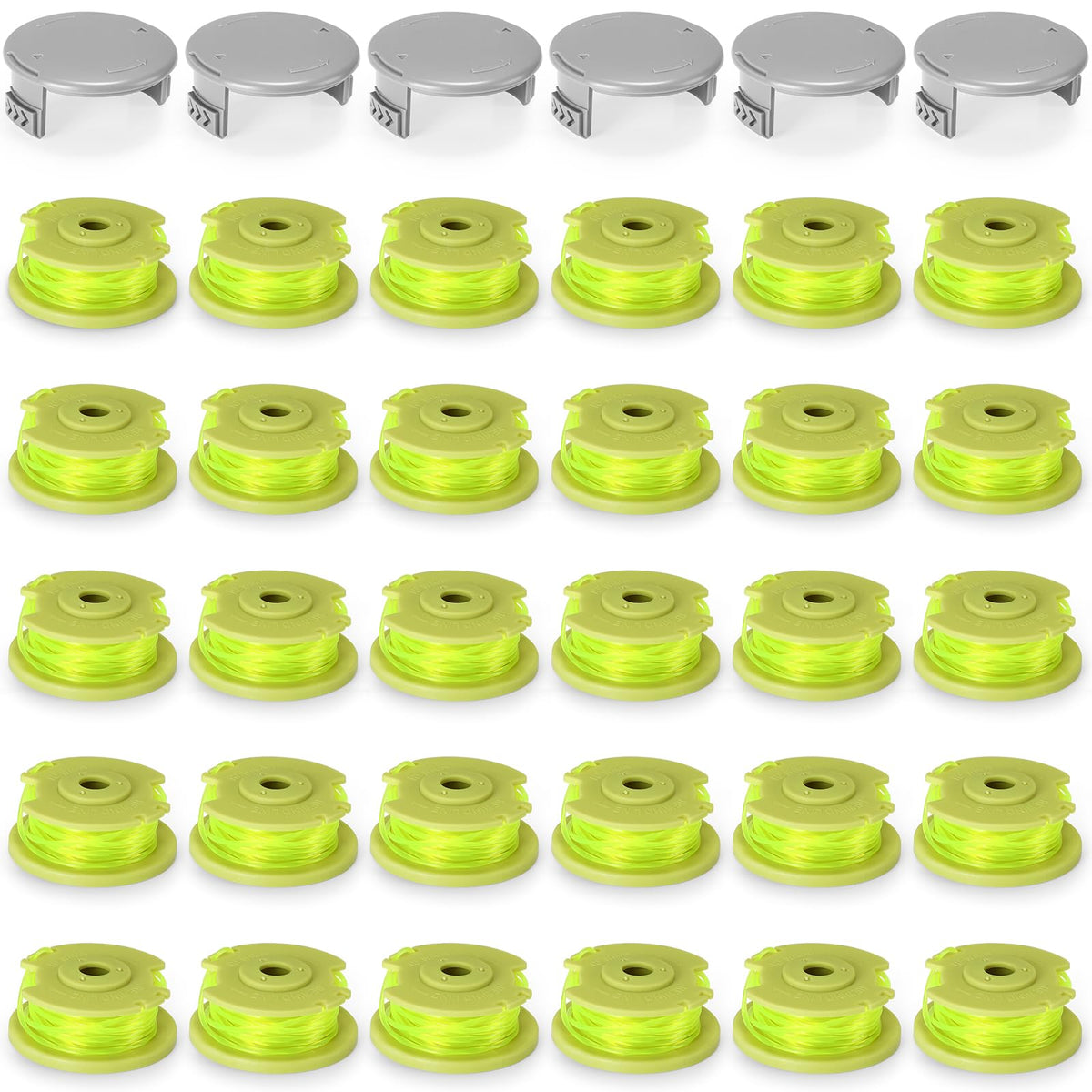 Hiboom front packaging showing 30 trimmer lines and 6 cap covers, ready for long-term use
