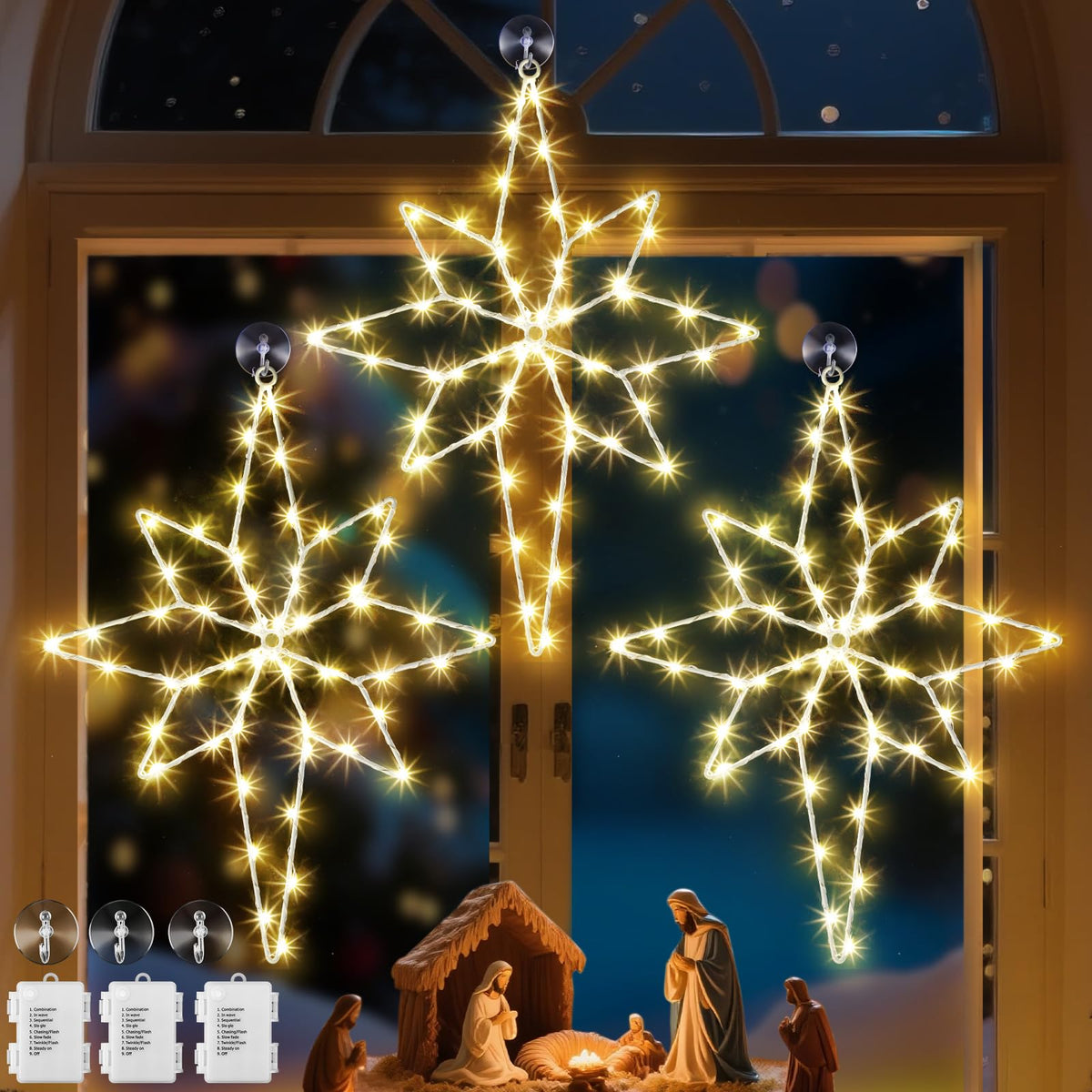 Hiboom front view showing three lit Bethlehem star silhouettes for bright holiday windows
