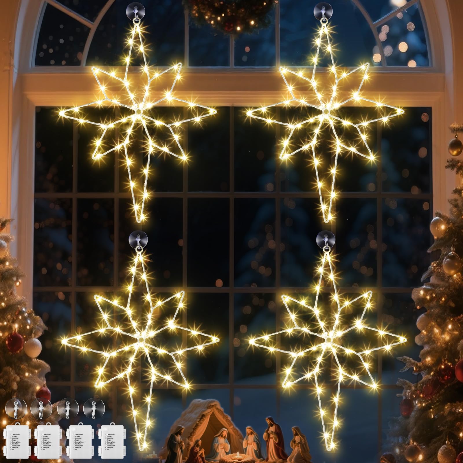 Hiboom front view of 4-Pack Bethlehem star lights showing warm glow benefit