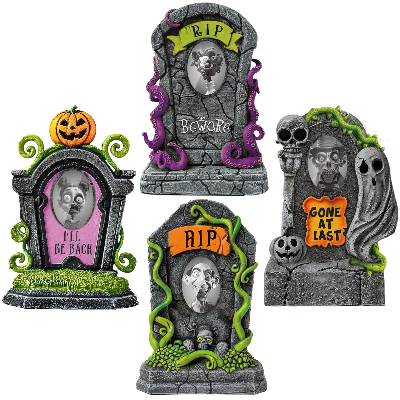 Hiboom front view of four assembled RIP tombstones creating a graveyard scene, adds instant Halloween atmosphere