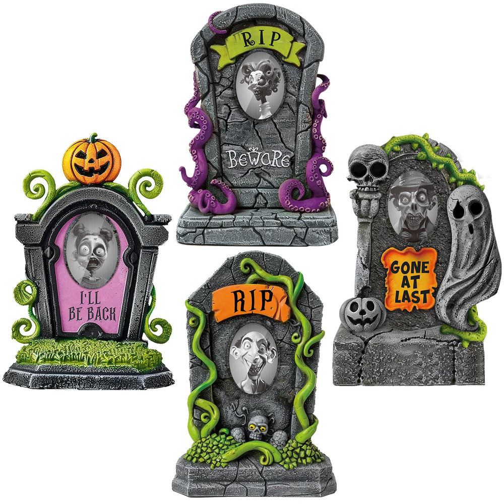Hiboom front view of four assembled RIP tombstones creating a graveyard scene, adds instant Halloween atmosphere