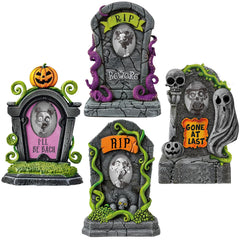 Hiboom front view of four assembled RIP tombstones creating a graveyard scene, adds instant Halloween atmosphere
