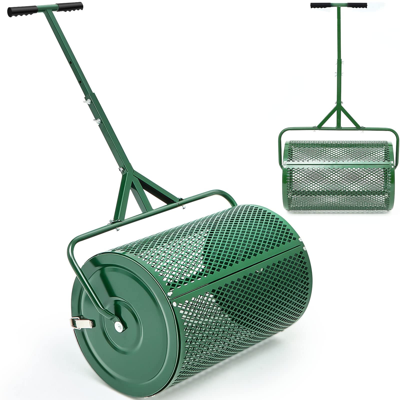 Hiboom front view of green 24 inch spreader showing capacity and frame durability