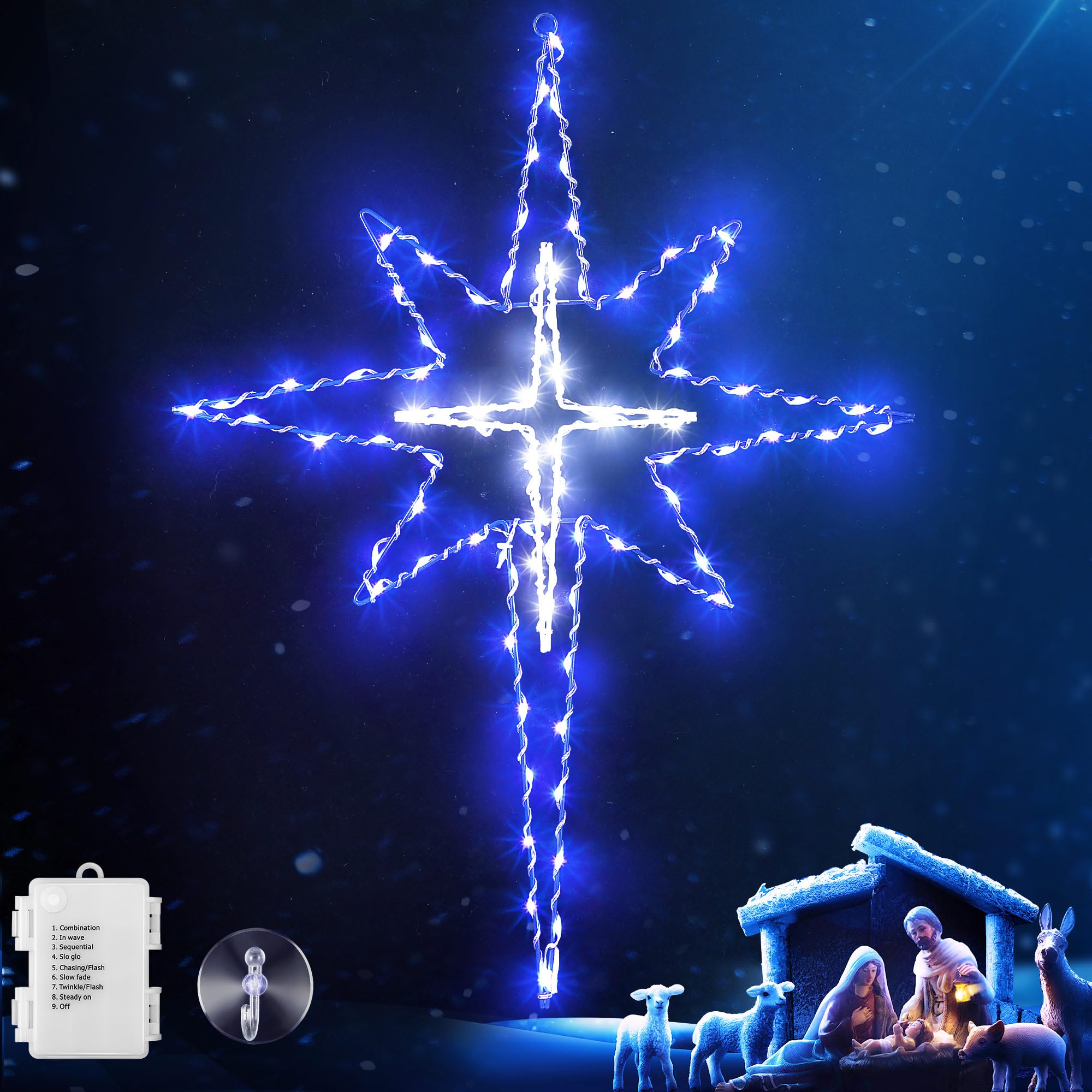 Hiboom front view of star window light showing bright blue white LEDs and benefit of visibility