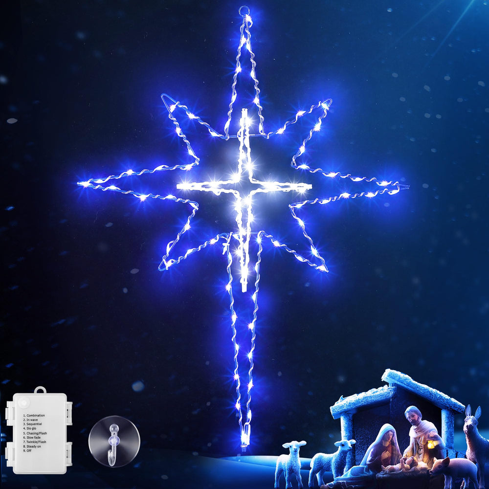 Hiboom front view of star window light showing bright blue white LEDs and benefit of visibility