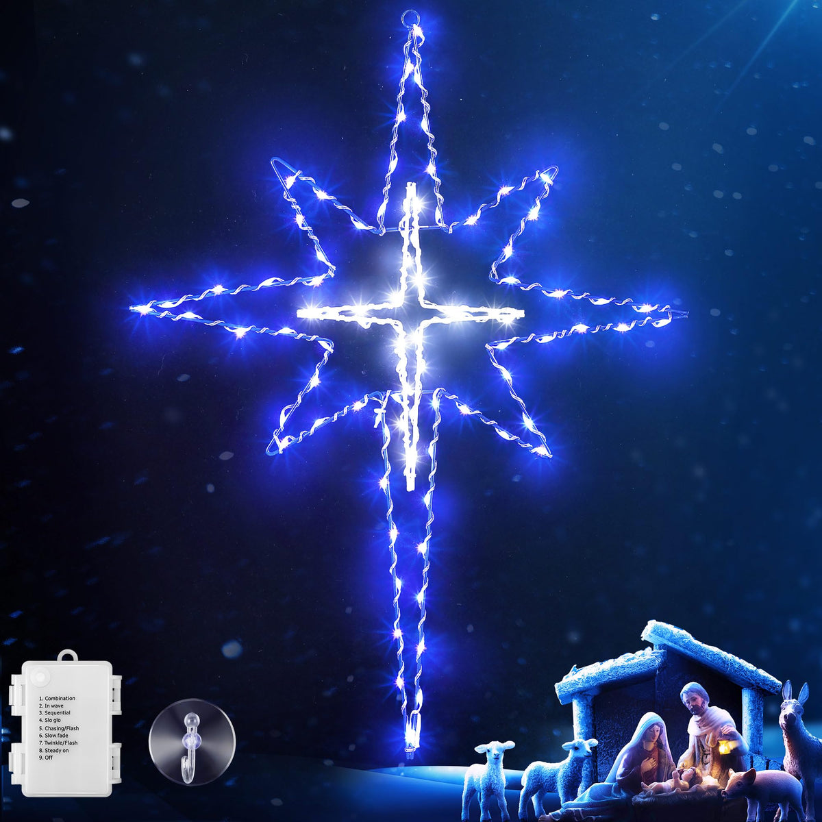 Hiboom front view of star window light showing bright blue white LEDs and benefit of visibility