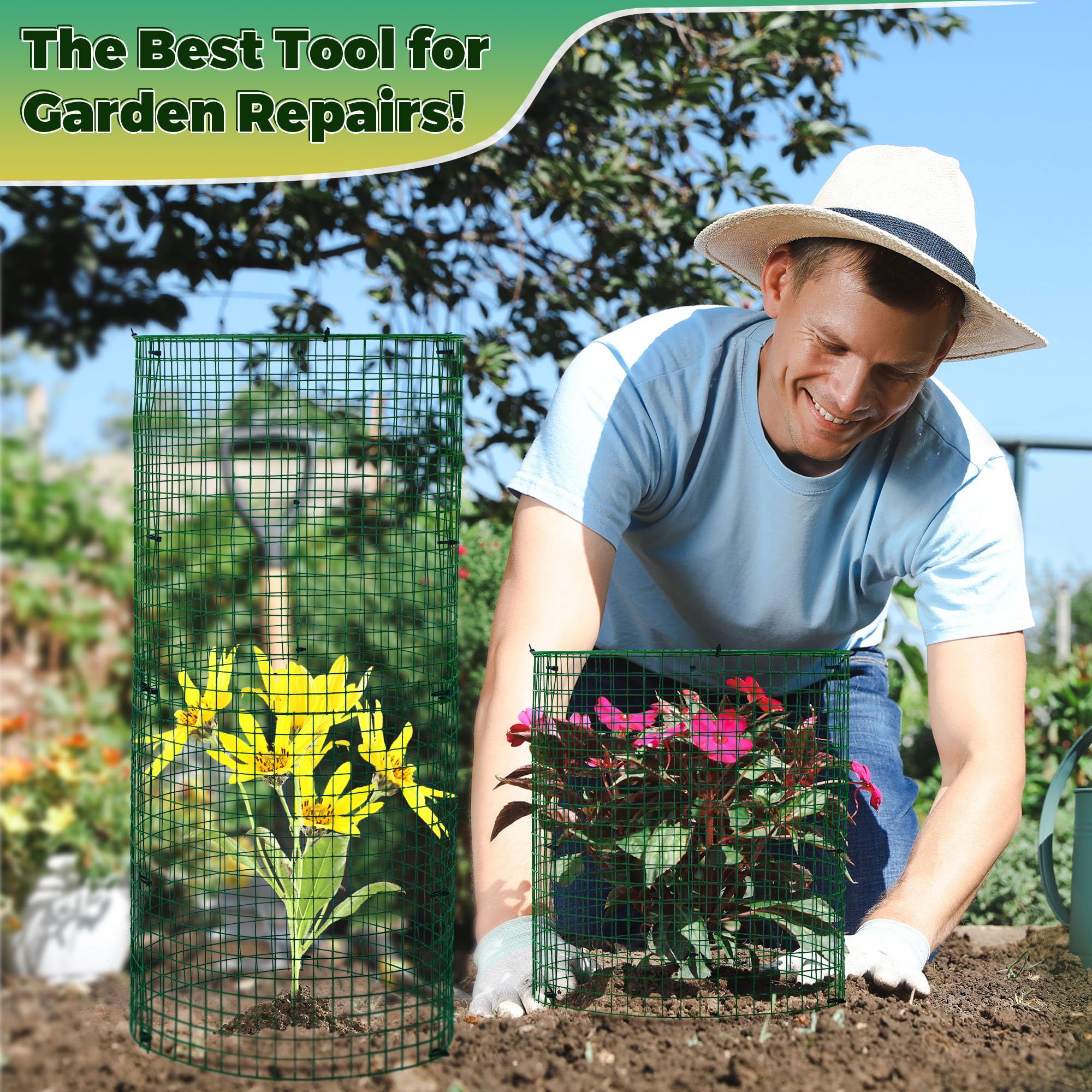 Hiboom plant protector installed in a garden bed blending with plants and deterring pests