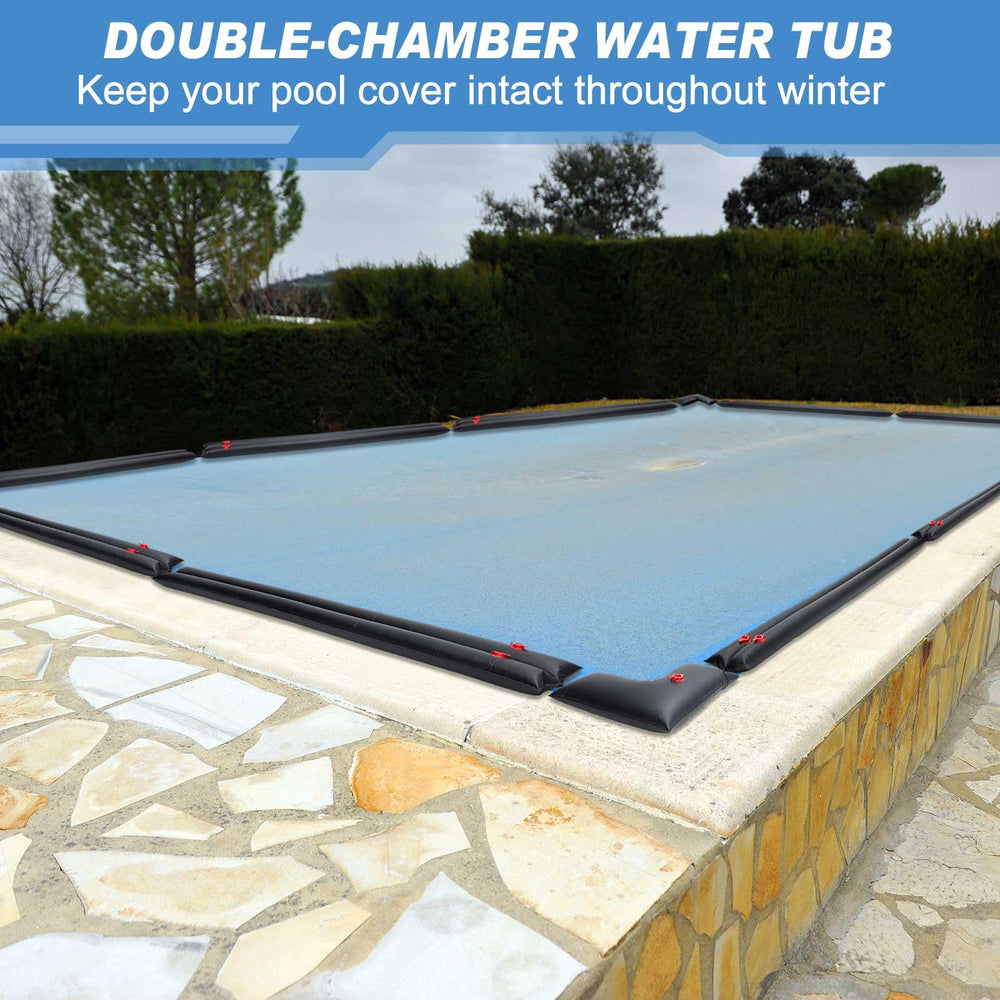 Hiboom in use on pool edge demonstrating how tubes anchor a winter cover against wind