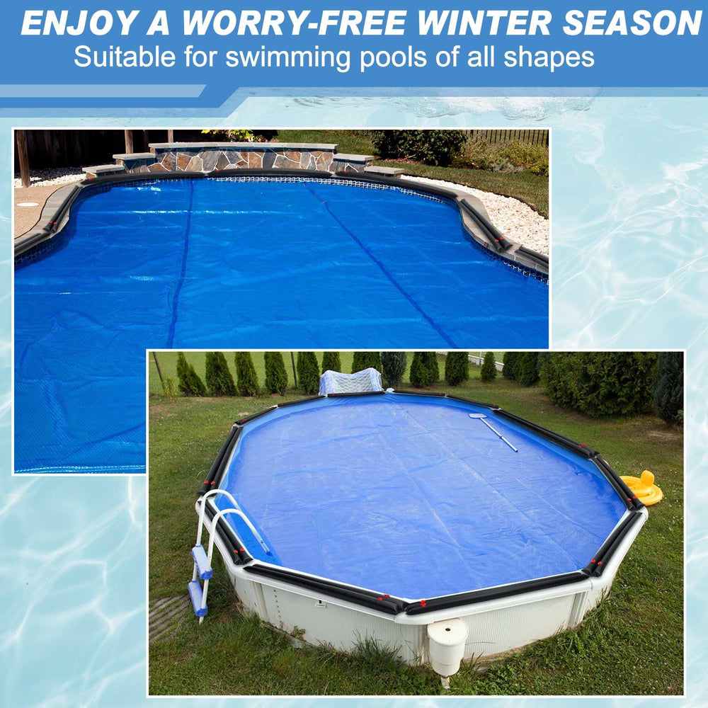 Hiboom lifestyle winter pool image showing secured cover and reduced snow accumulation for peace of mind