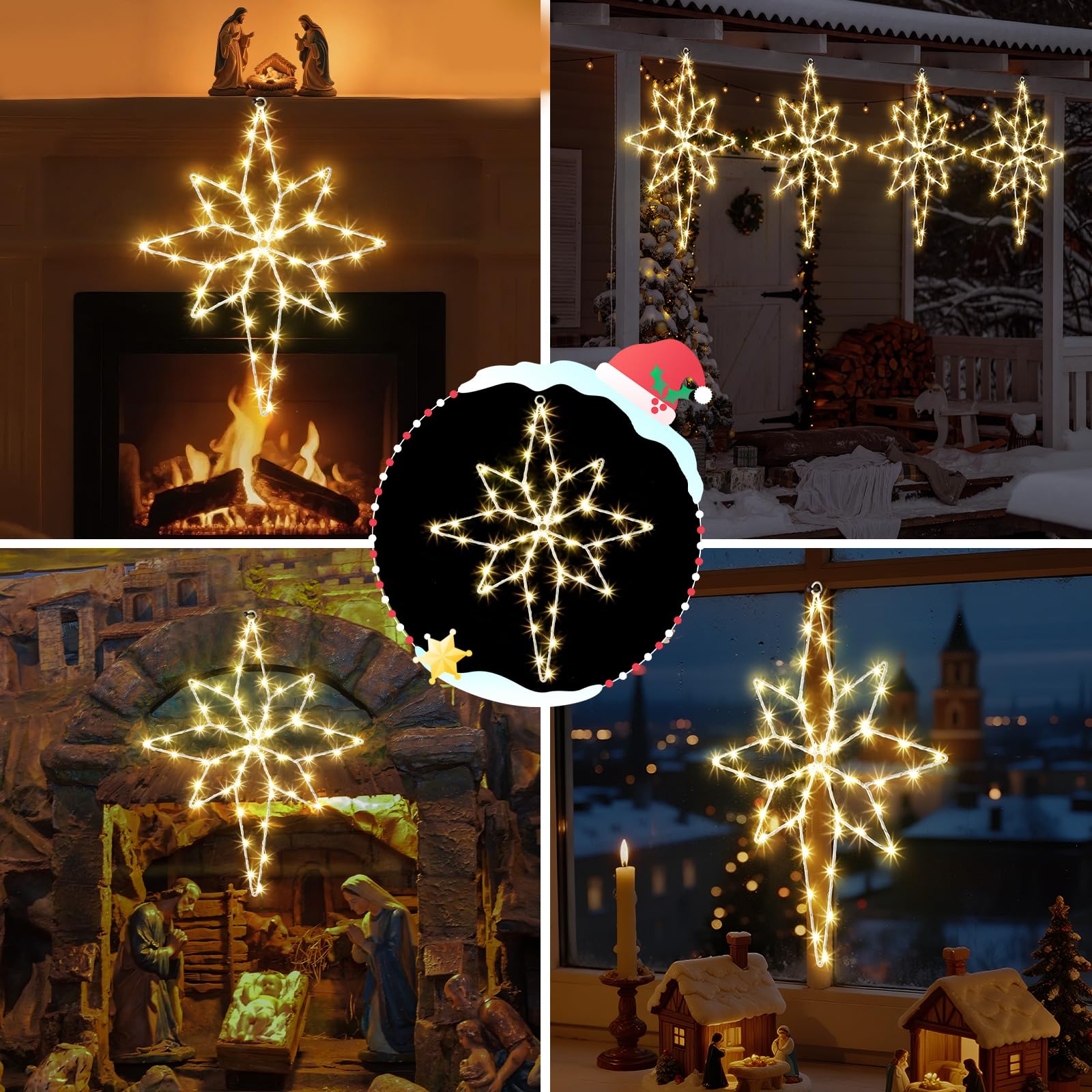 Hiboom star lights staged in living room adding festive ambience without wiring
