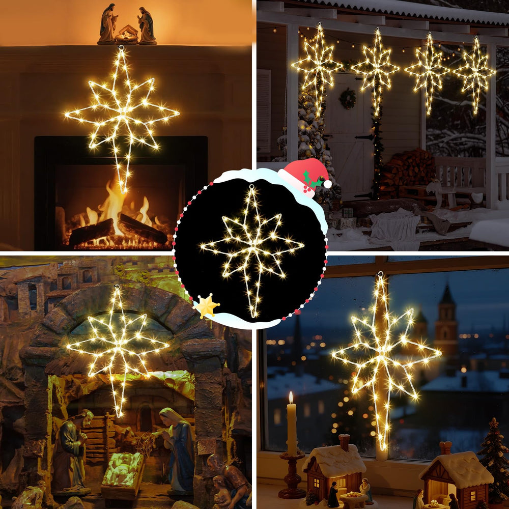 Hiboom star lights staged in living room adding festive ambience without wiring