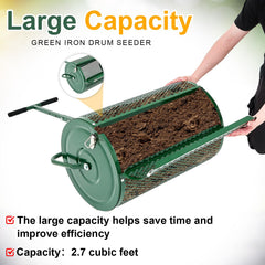 Hiboom spreader loaded with compost demonstrating large 2.7 cu ft capacity