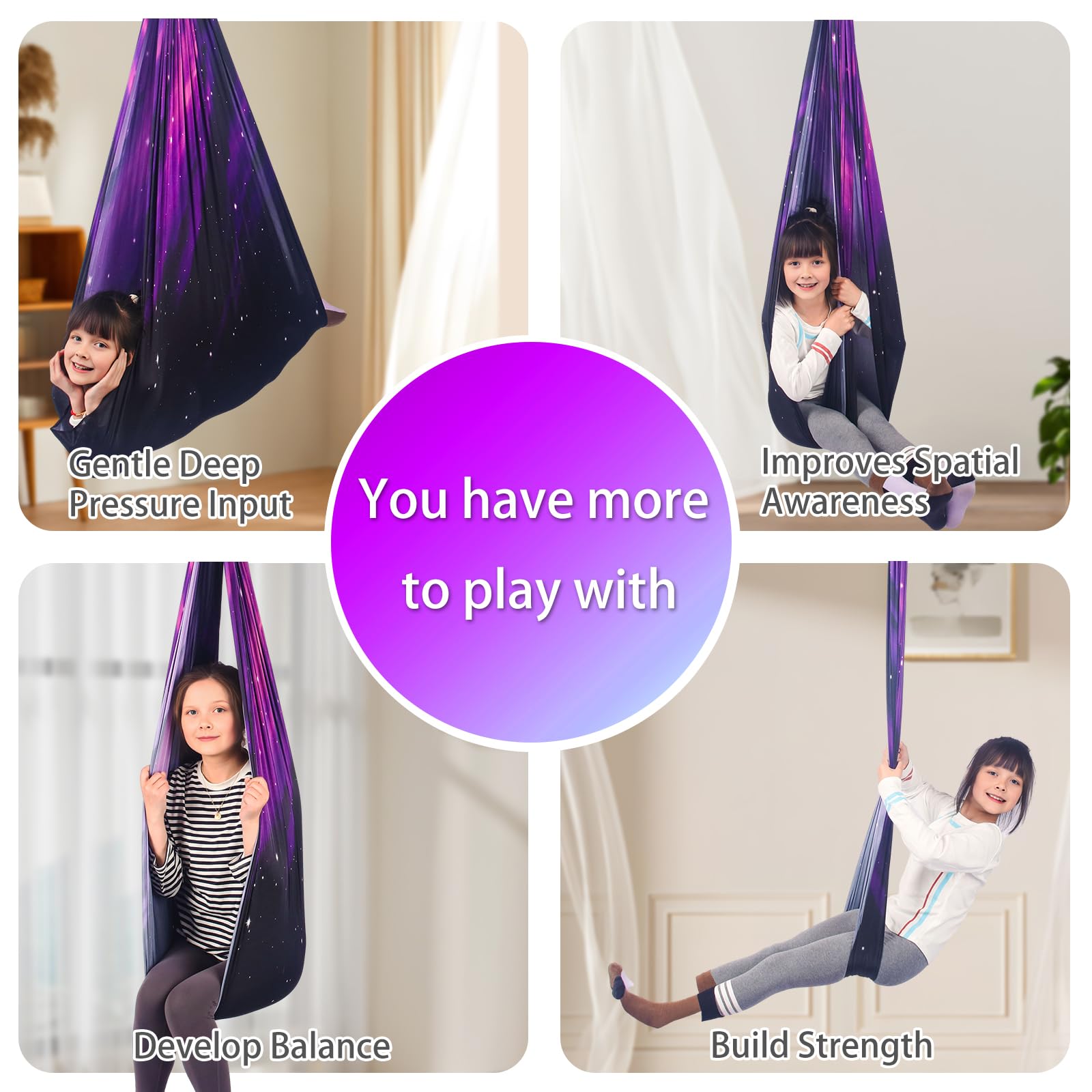 HiCamer child relaxing in swing illustrating calming sensory support