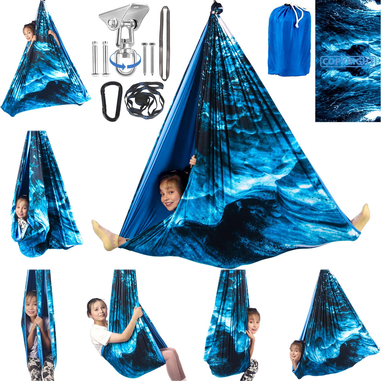 HiCamer swing front view showing ice teal fabric and roomy opening benefit comfort