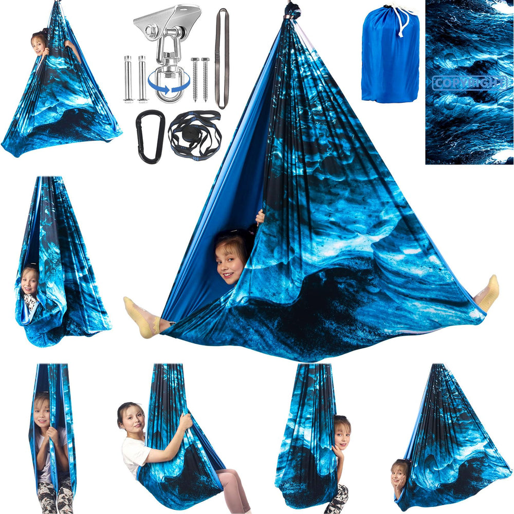HiCamer swing front view showing ice teal fabric and roomy opening benefit comfort