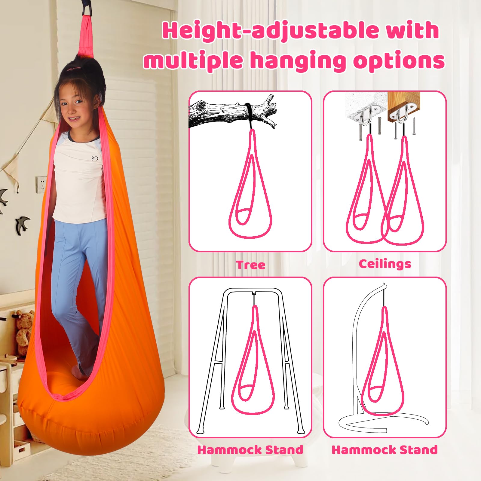 HiCamer swing with child next to ruler demonstrating generous size