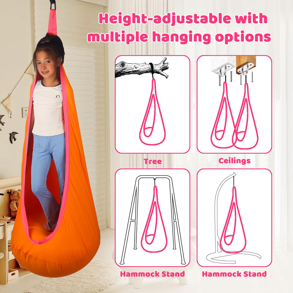 HiCamer swing with child next to ruler demonstrating generous size