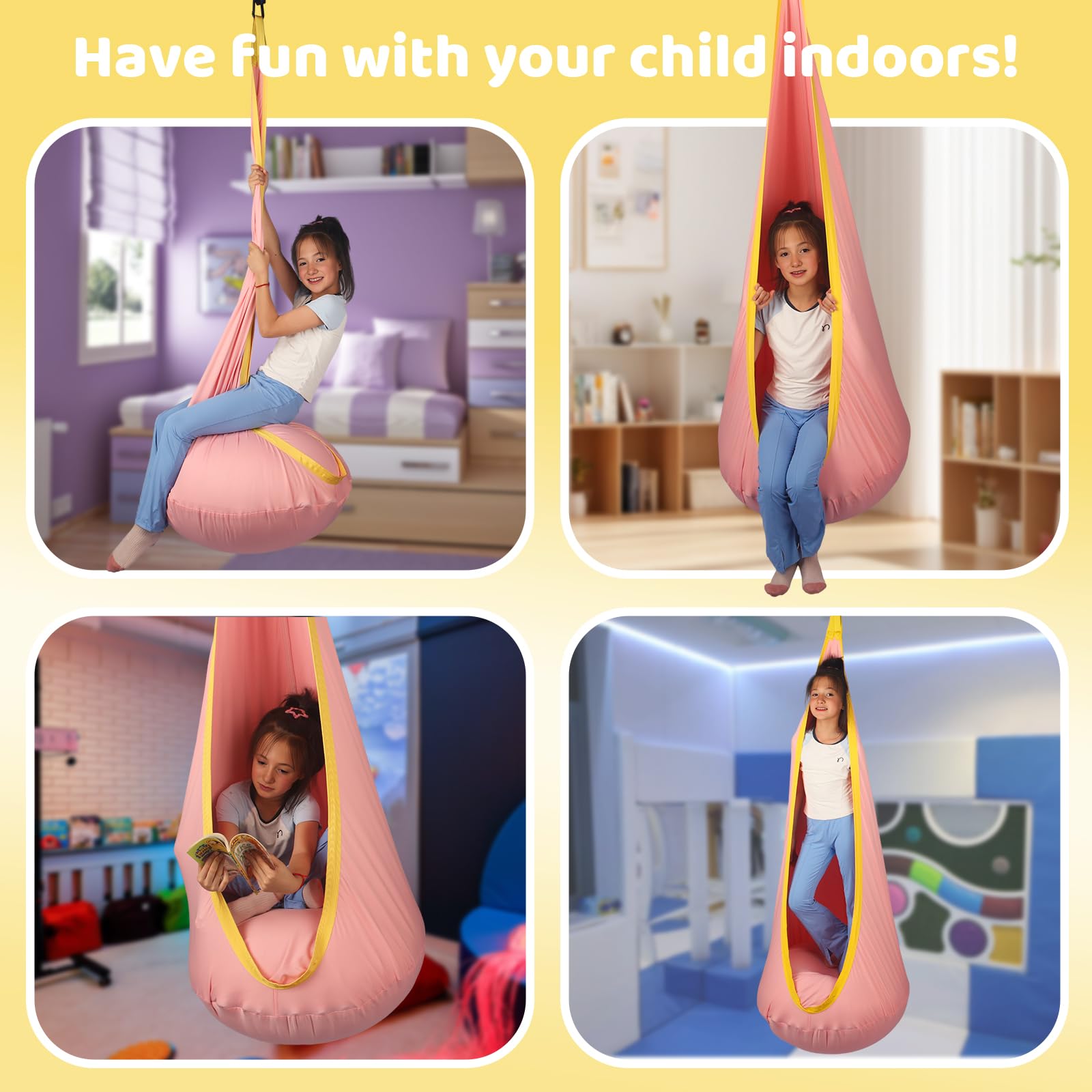 HiCamer child using swing indoors demonstrating calming and focus benefits