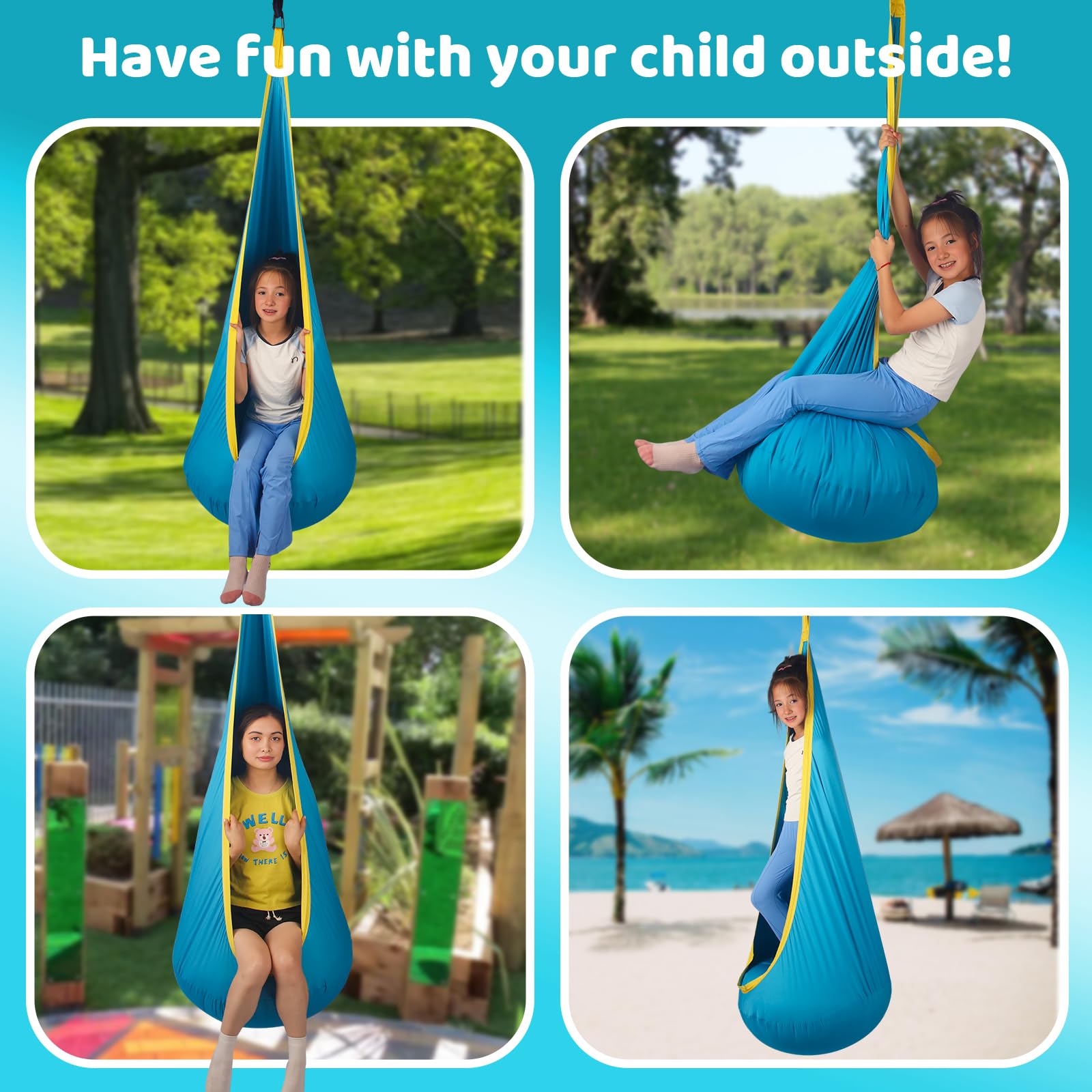 HiCamer child using indoor pod swing illustrating calming sensory benefit