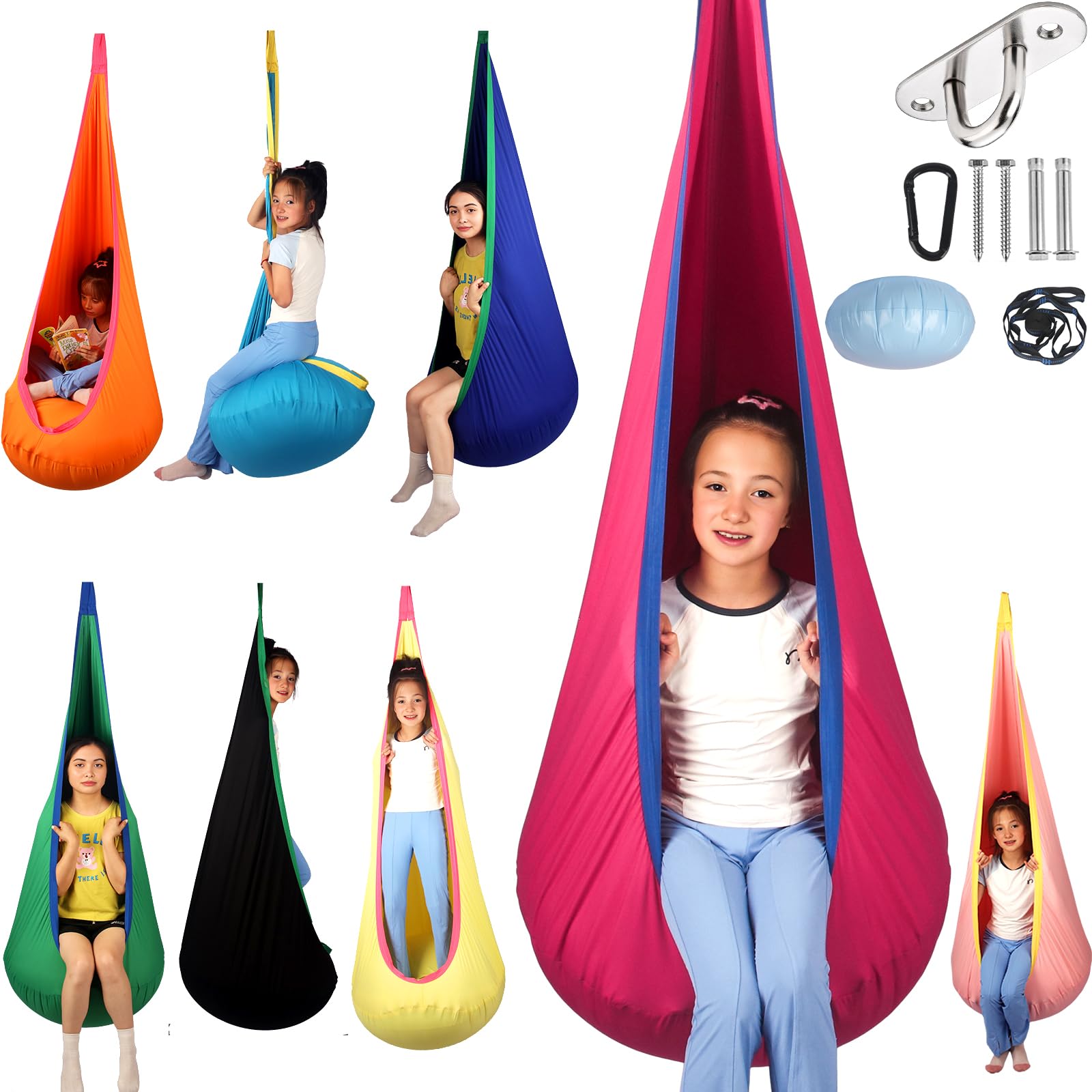 HiCamer pod swing front view showing cranberry color and roomy opening benefit comfort