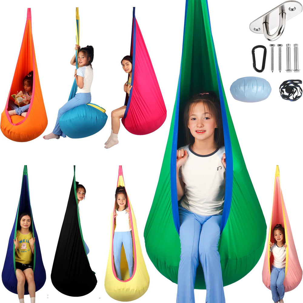 HiCamer pod swing front view showing spacious green cocoon and safe design