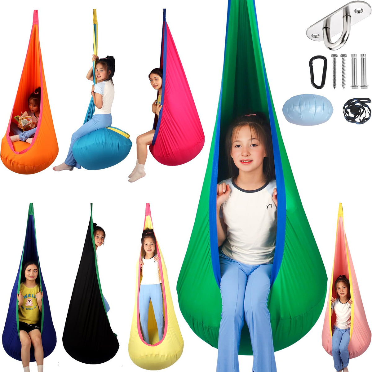 HiCamer pod swing front view showing spacious green cocoon and safe design