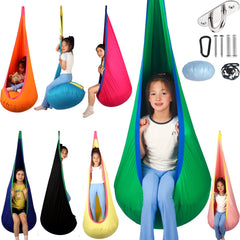 HiCamer pod swing front view showing spacious green cocoon and safe design