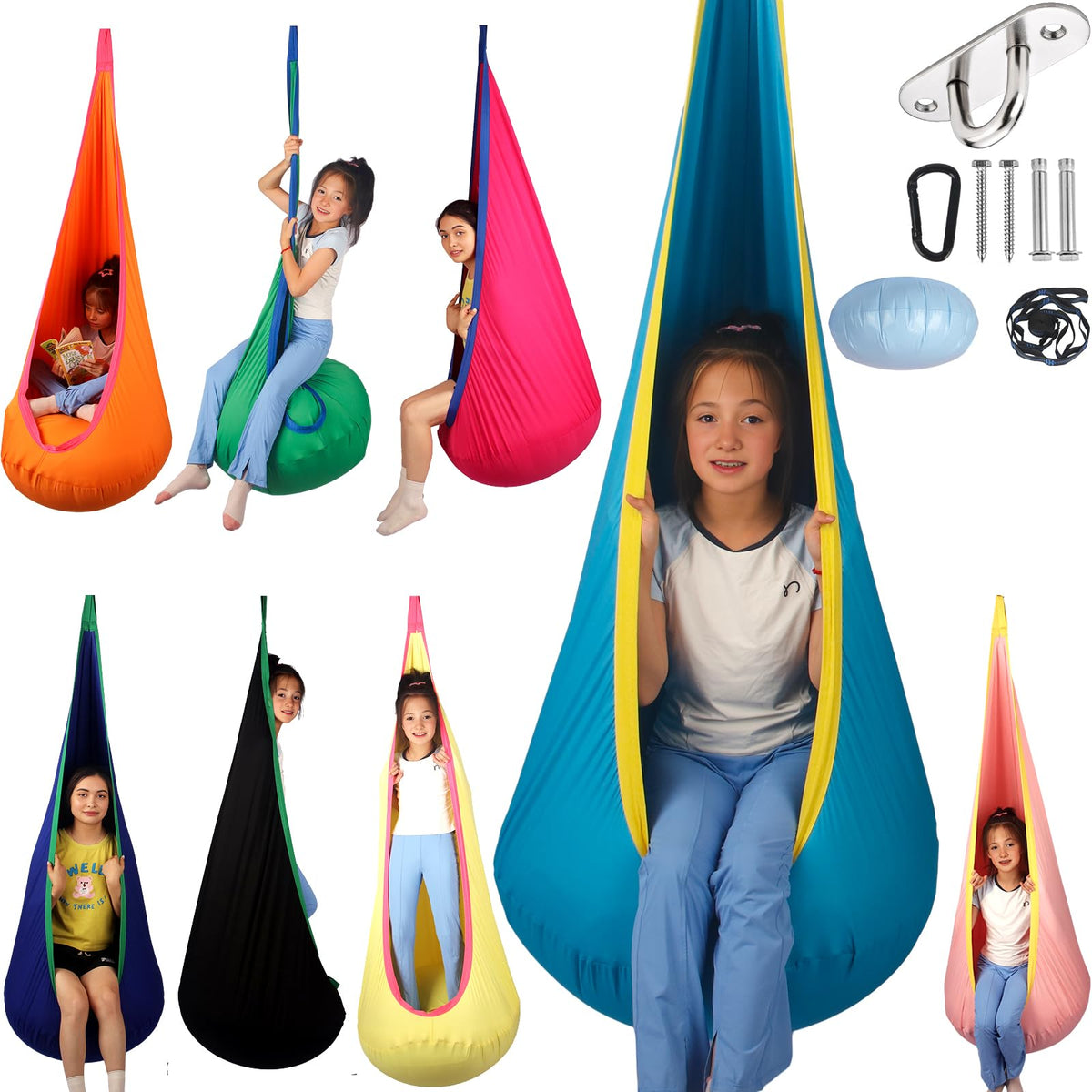 HiCamer teal pod swing front view showing roomy cabin and cozy design