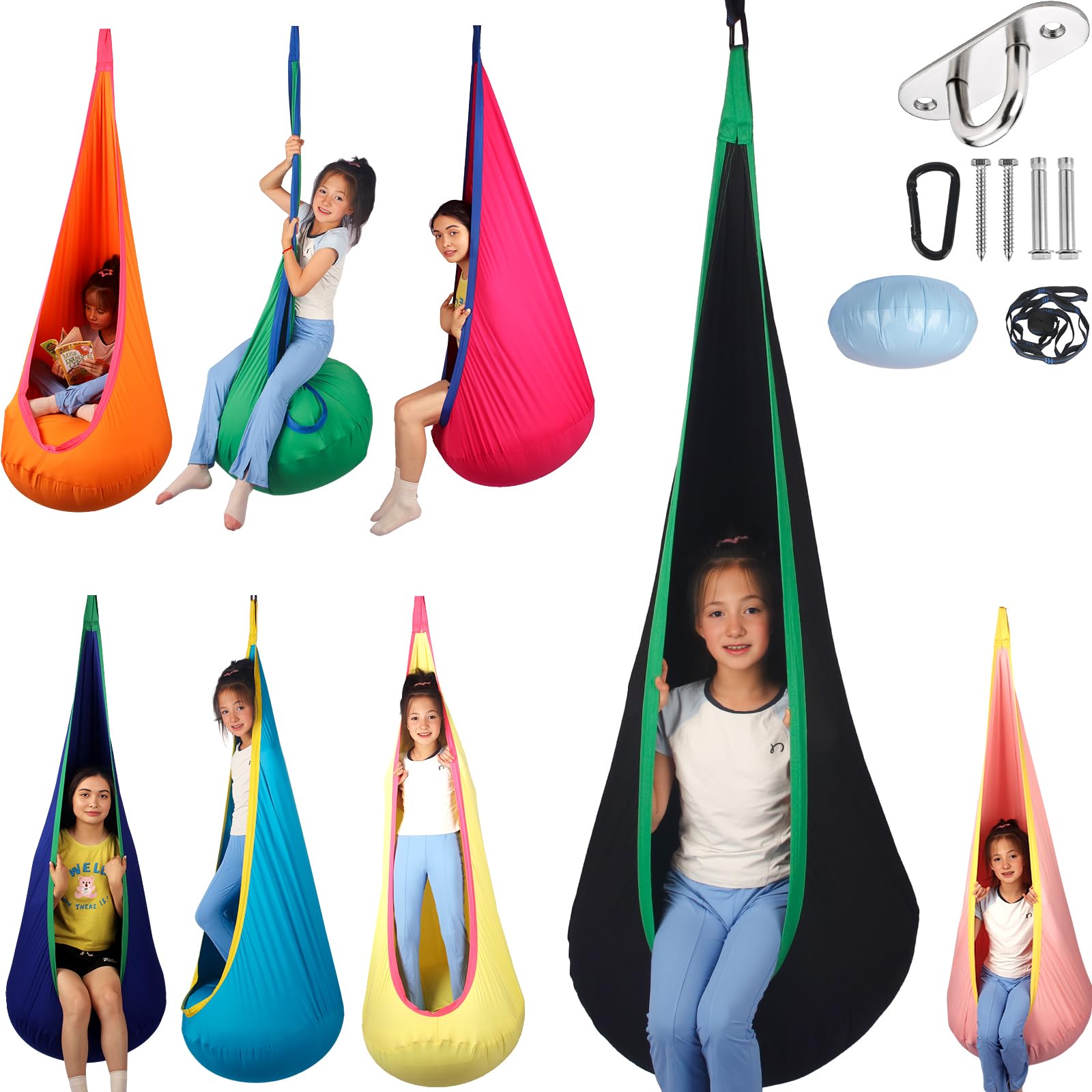 HiCamer front view of black pod swing showing roomy cocoon and entry, comfortable seating benefit