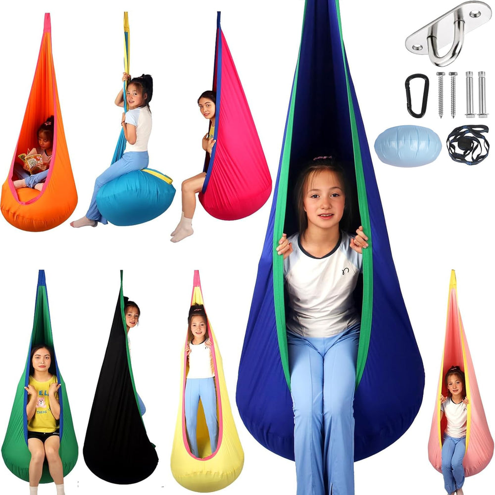 HiCamer pod swing front view showing roomy interior and supportive rim for calming benefit
