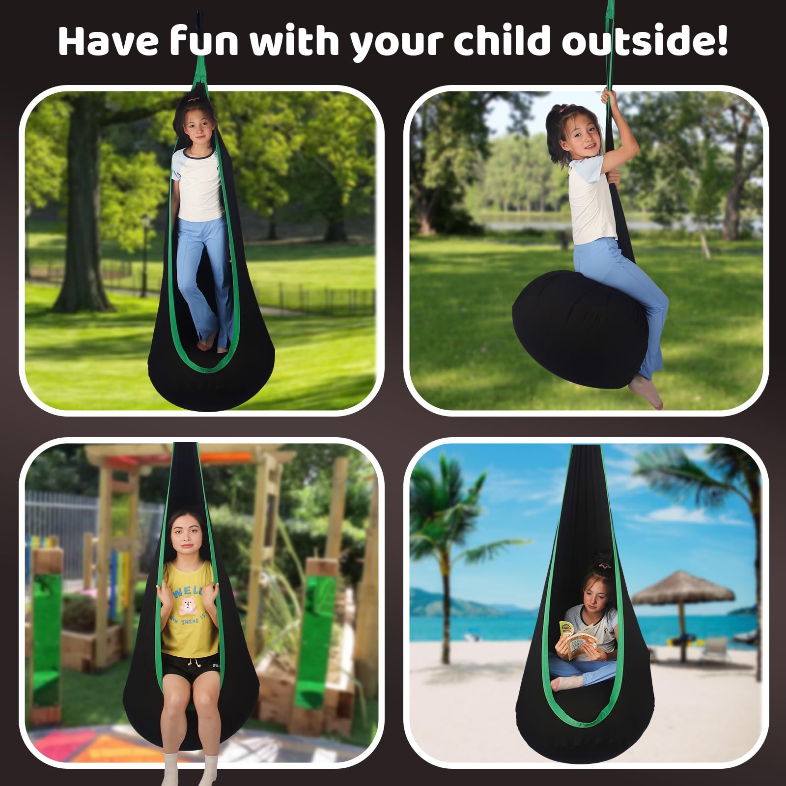HiCamer pod swing hung from a backyard tree demonstrating portable outdoor play and weather resistance