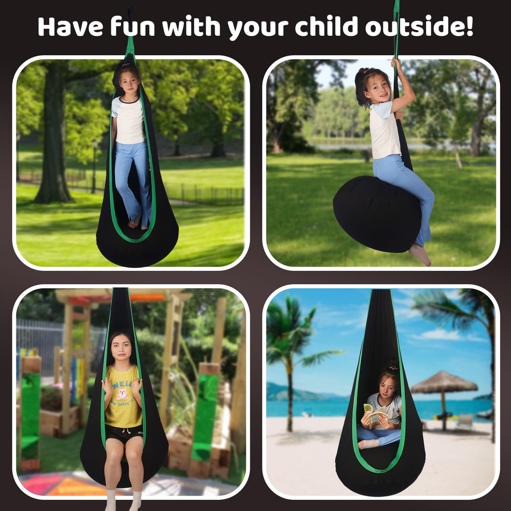 HiCamer pod swing hung from a backyard tree demonstrating portable outdoor play and weather resistance