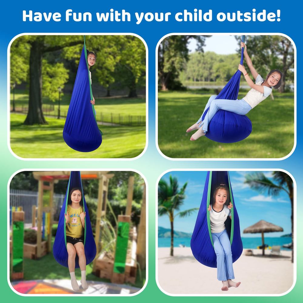 HiCamer pod swing in use with child reading inside showing calming enclosed space benefit