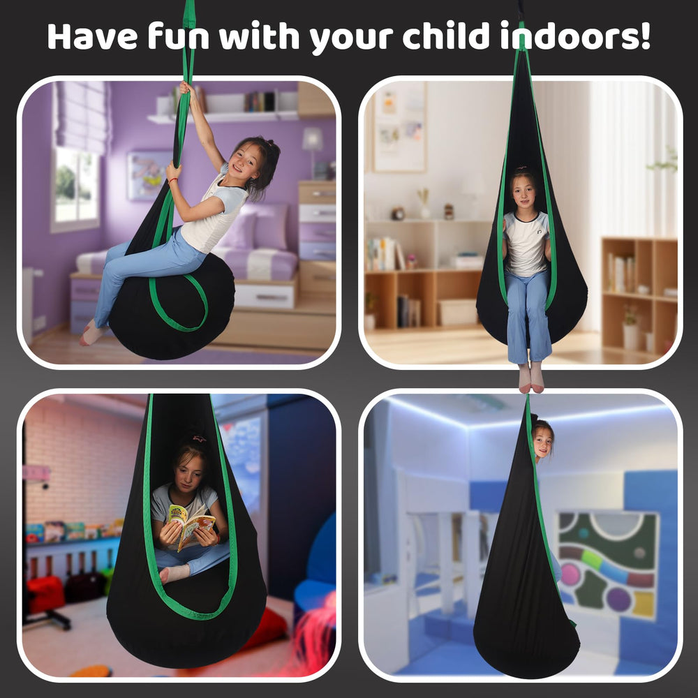 HiCamer pod swing installed in a child’s bedroom offering calming private space and restful use