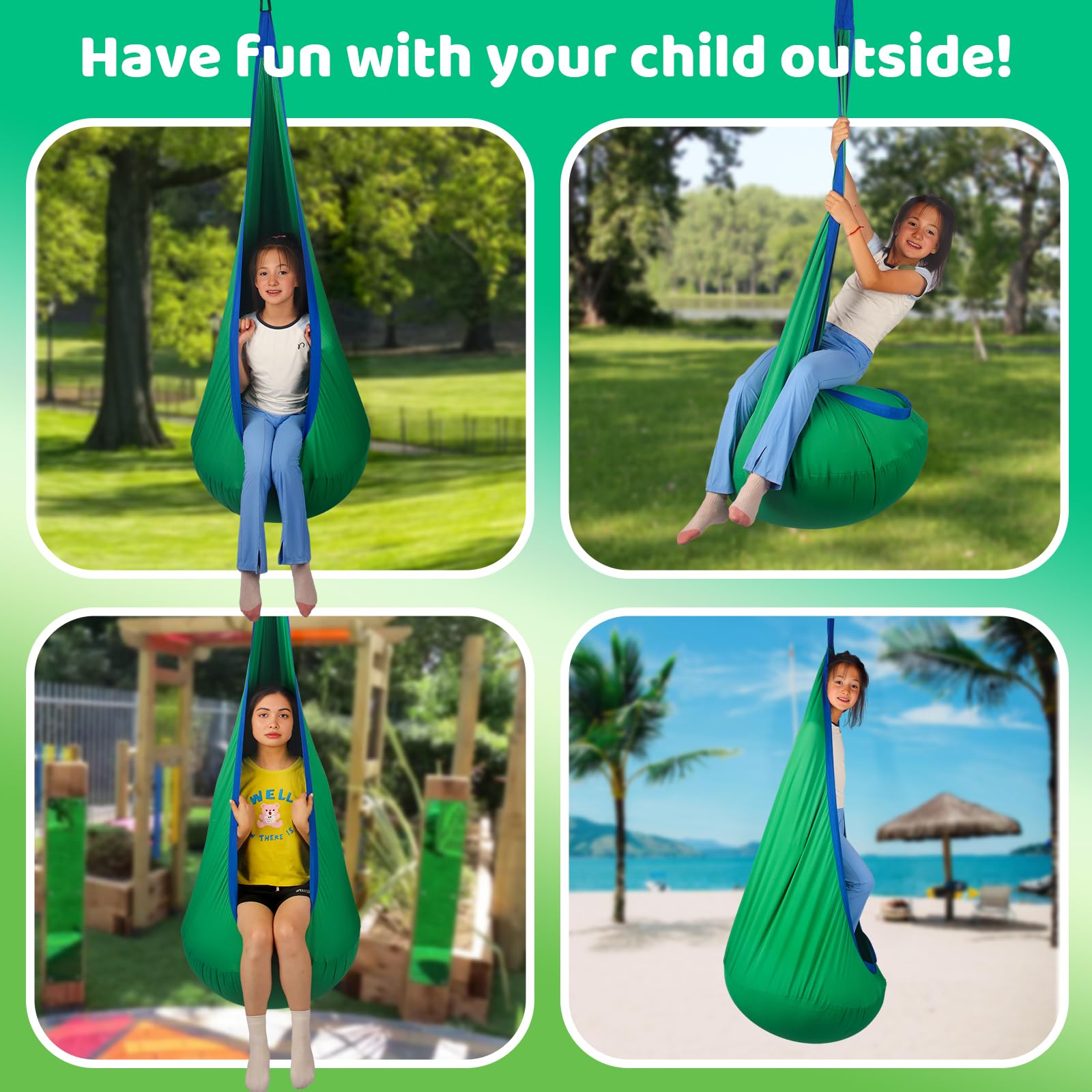 HiCamer pod swing hung from a tree illustrating outdoor versatility and colorfast fabric