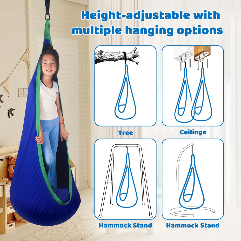HiCamer pod swing hung from a tree outdoors showing portable outdoor play and weather resistance