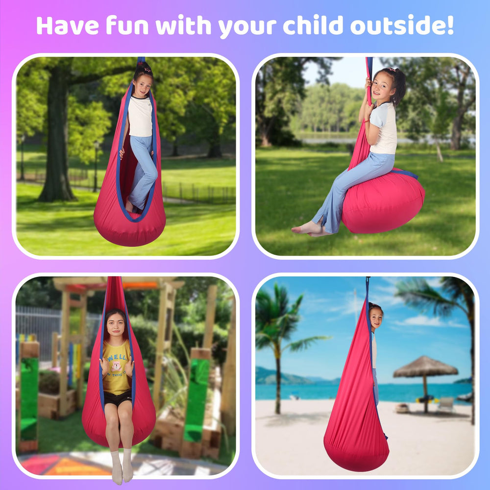 HiCamer swing hung from tree in yard showing portability and outdoor use benefit