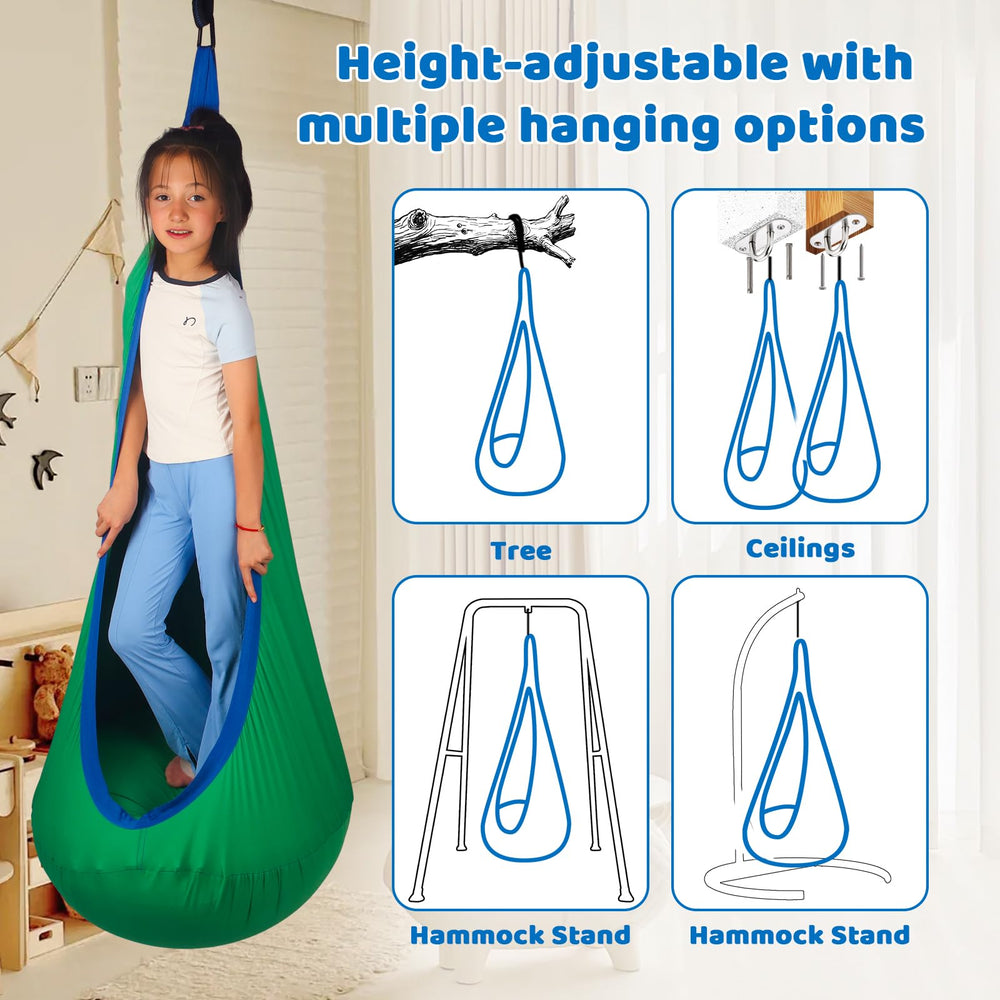 HiCamer swing next to child for scale highlighting roomy 63" by 33" interior