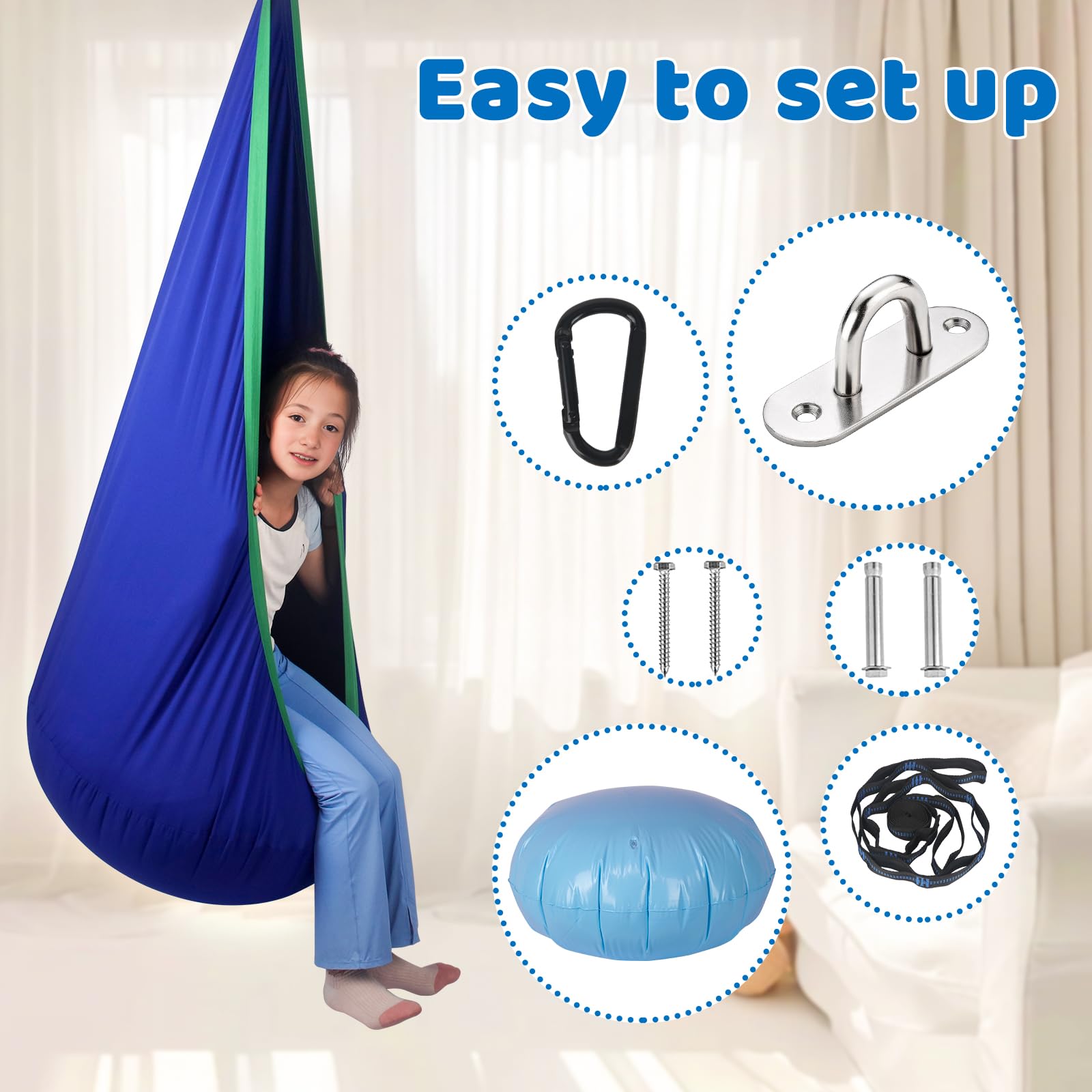 HiCamer pod swing next to doorframe showing scale and size suitability for kids and teens