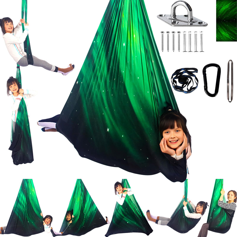 HiCamer swing front view showing roomy Space Green hammock and cozy benefit