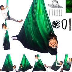 HiCamer swing front view showing roomy Space Green hammock and cozy benefit