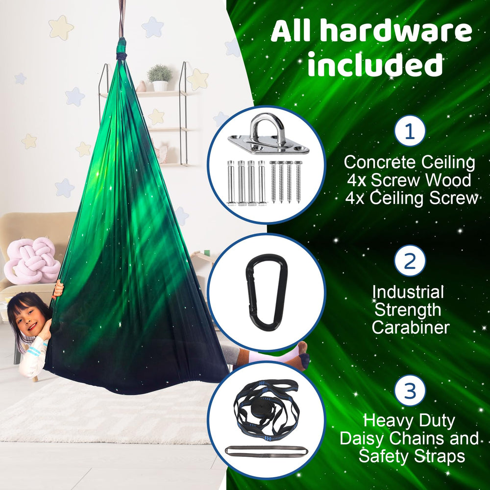 HiCamer swing size comparison with adult and child showing generous capacity