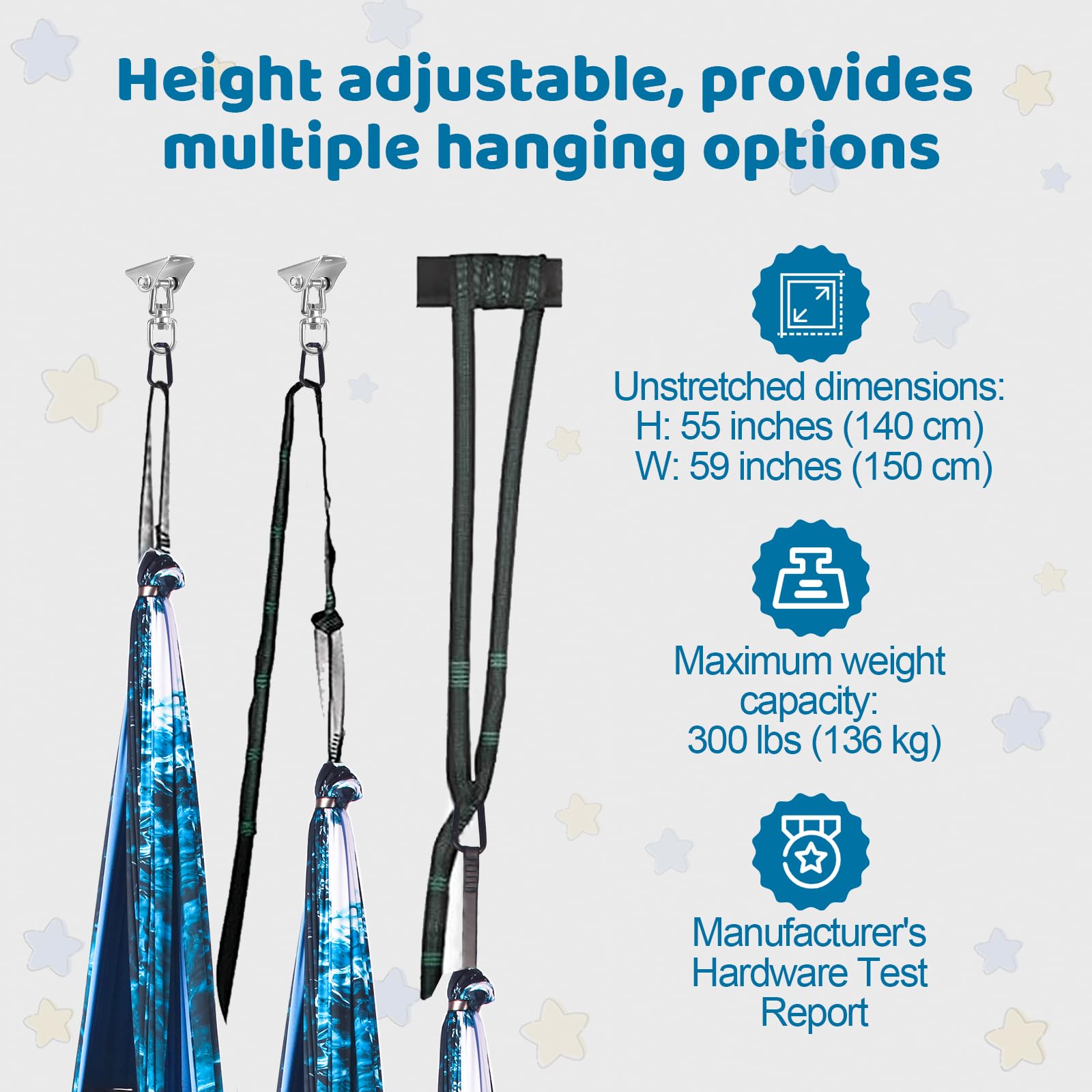 HiCamer swing with adult inside showing 300 lb capacity and sturdy support