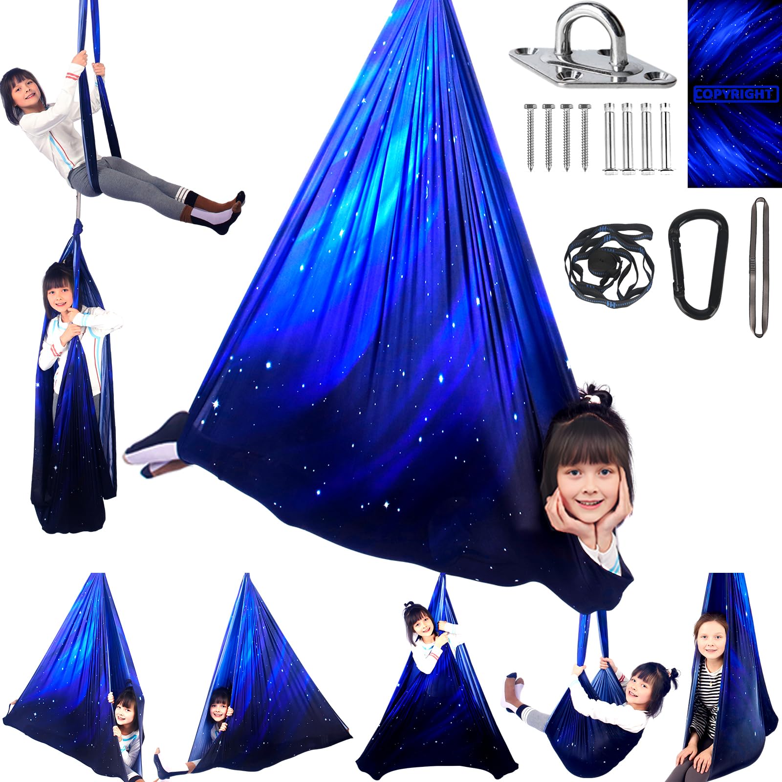 HiCamer Space Blue sensory swing front view showing roomy hammock and color benefit calming