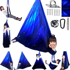 HiCamer Space Blue sensory swing front view showing roomy hammock and color benefit calming