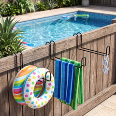 Hicarer hangers mounted on fence holding swim rings to keep pool area tidy