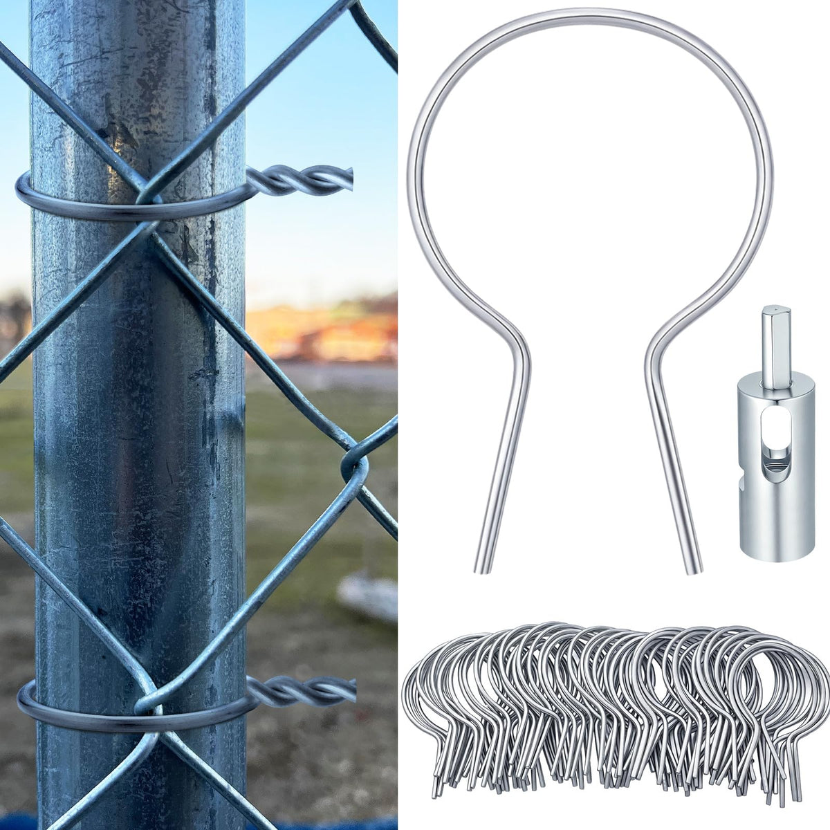 Hicarer front pack of 200 twist fence ties showing contents and drill chuck for fast installs