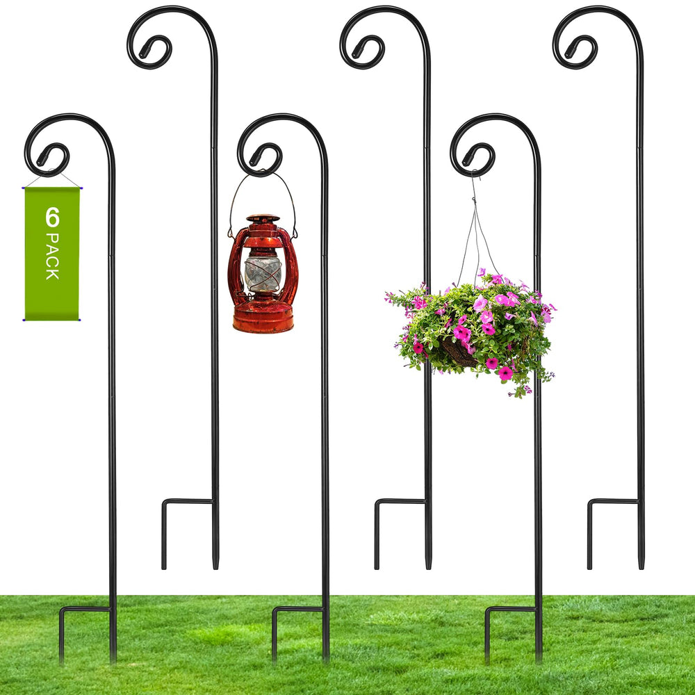 Hicarer front view of six shepherd hooks showing tall outdoor hangers and neat packaging benefit