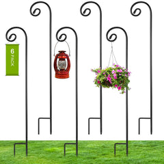 Hicarer front view of six shepherd hooks showing tall outdoor hangers and neat packaging benefit
